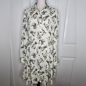 Women's Cream Long-Sleeve Button Front Dress with Black Doggy Print